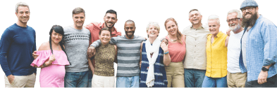 Diverse group of smiling clinical trial volunteers participating in a research study